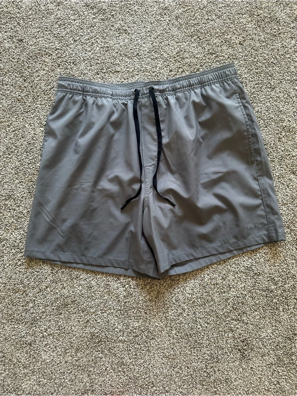 Huk Light Gray Swim Shorts with Black Logo Tag